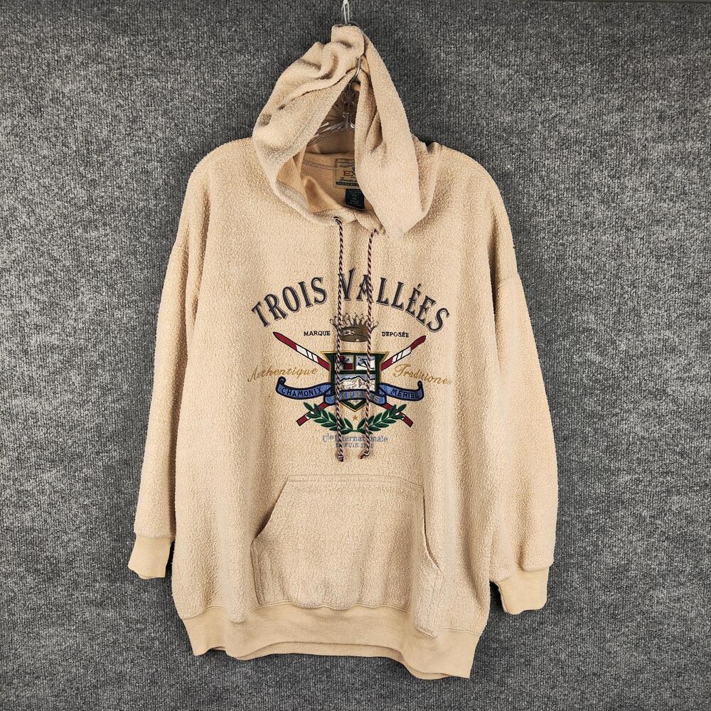 Vintage Express Hoodie Mens XS Beige Trois Vallees Ski Fleece Pullover 90s